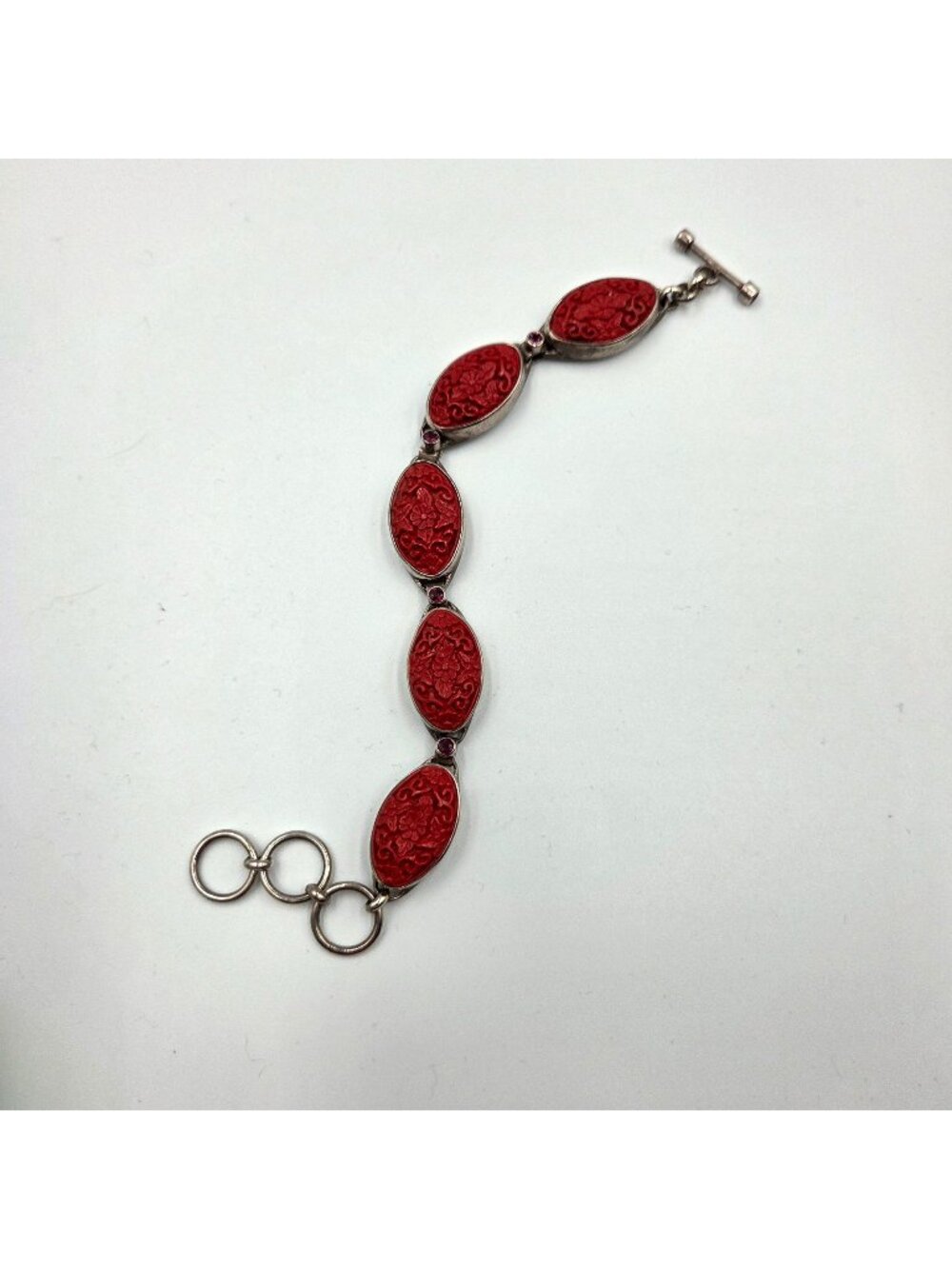 Sajen Bracelet Sterling Silver 925 Carved Cinnabar & Garnet Toggle 8" Boho